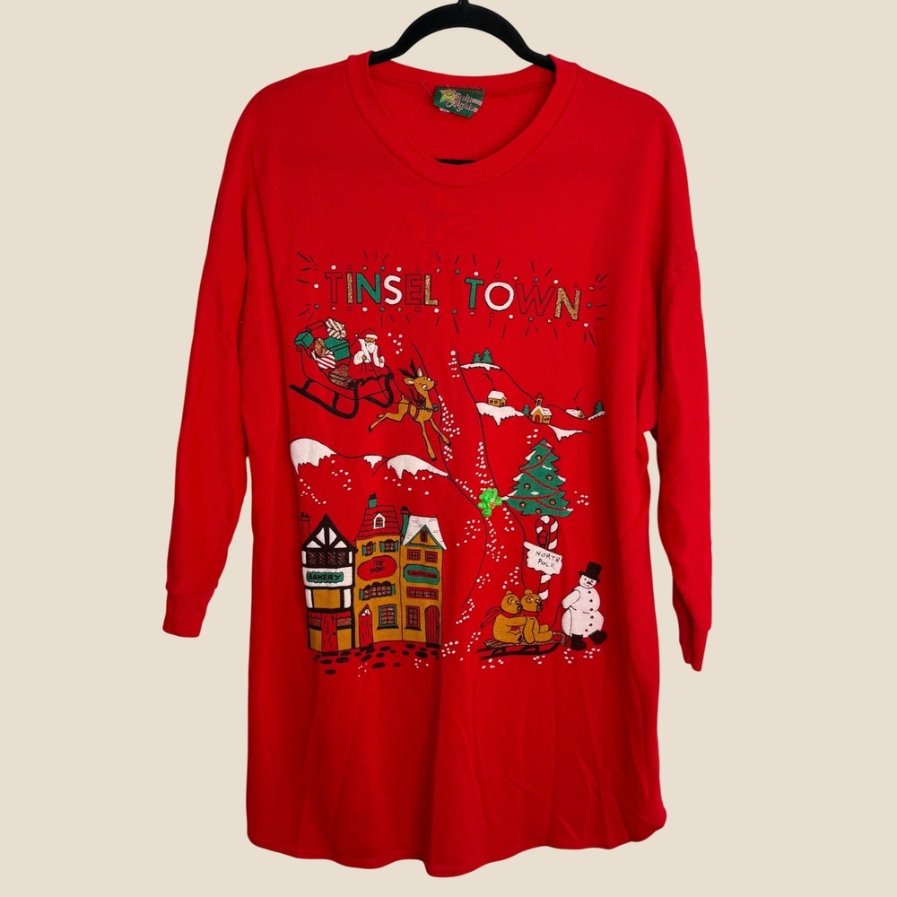 Starlit Nights Vintage Tinsel Town Christmas Sweatshirt Red 3D Bear OSFA L XL